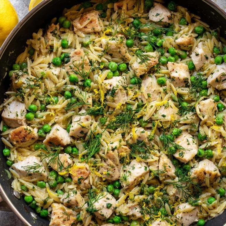 A vibrant serving of Lemon Herb Chicken Orzo Skillet garnished with parsley, lemon zest, and peas, ready to enjoy warm.