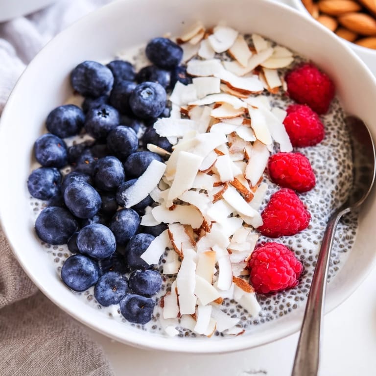Overnight poppy seed chia pudding served in a clear glass, garnished with vibrant raspberries and a mint leaf.