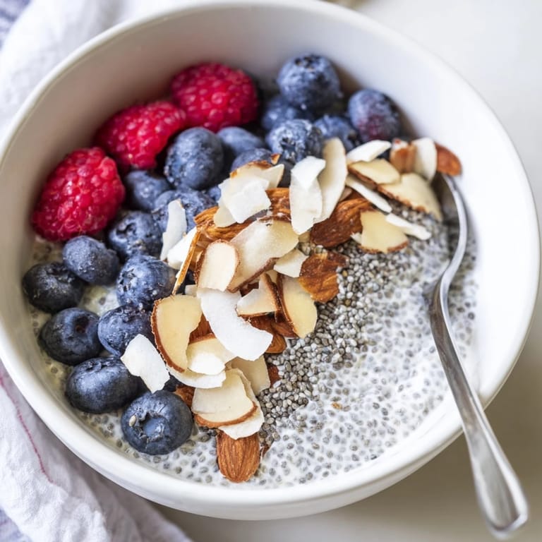 Golden poppy seed chia pudding with a sprinkle of toasted almonds and shredded coconut on top.
