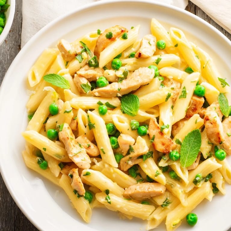 Golden sautéed chicken strips mingle with sweet peas and al dente pasta in a zesty lemon butter sauce for an easy weeknight meal.