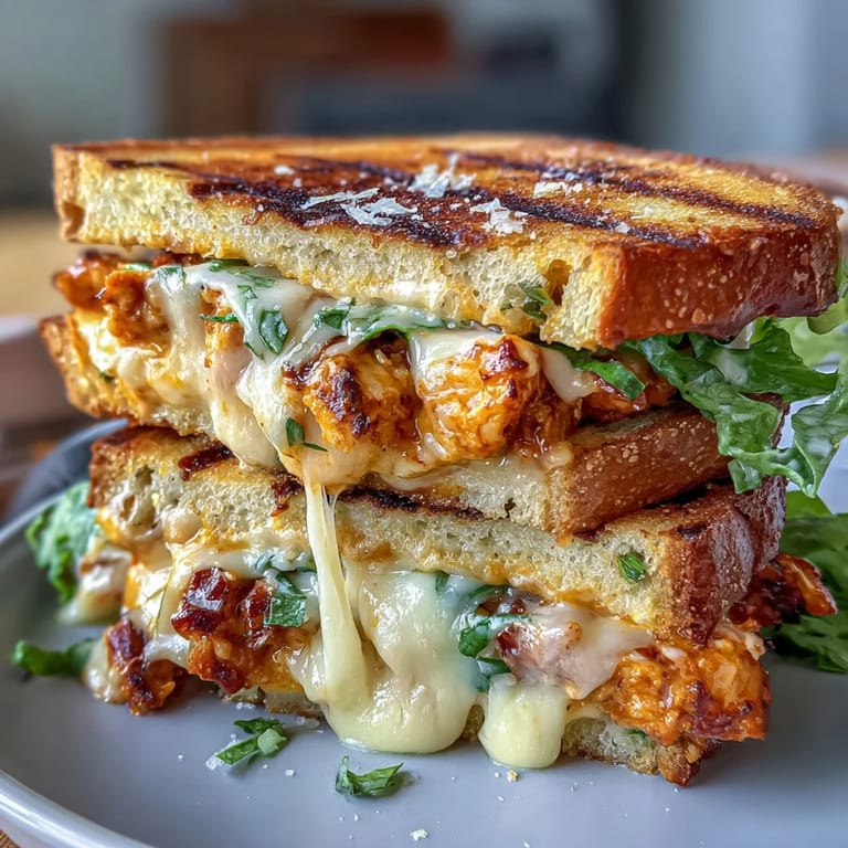 Golden brown buffalo chicken Caesar grilled cheese ready to be sliced and devoured.