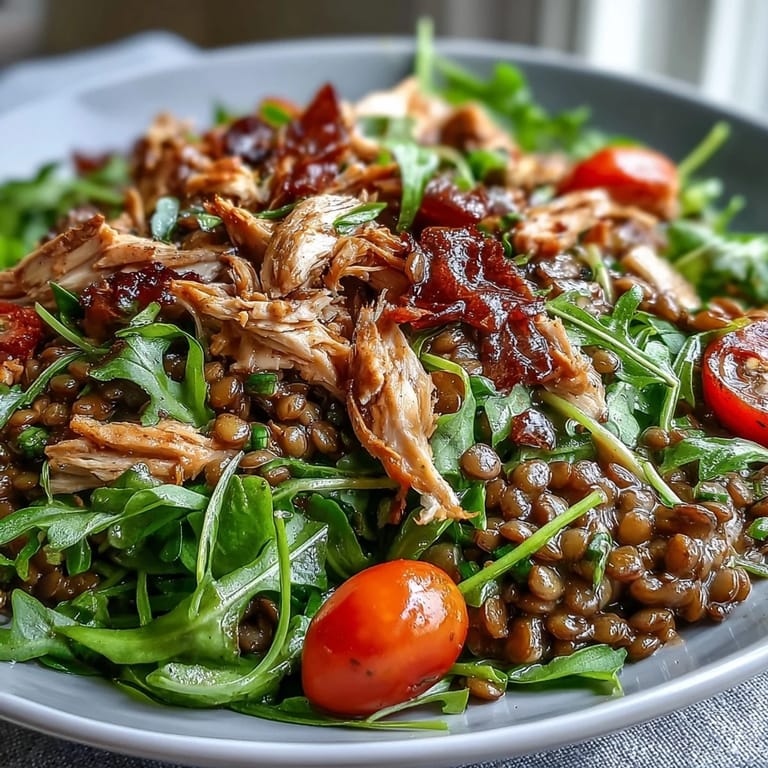 Ready to serve, the Lentil & Chicken Spring Salad is tossed in a zesty mustard dressing, perfect for a light lunch.