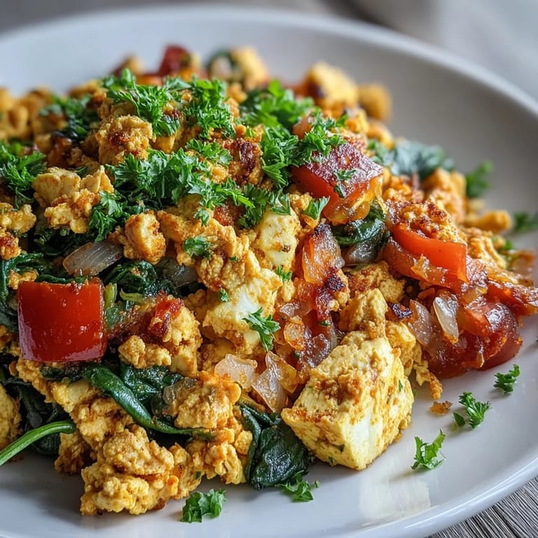 Savory vegan tofu scramble, bursting with spices and fresh vegetables.