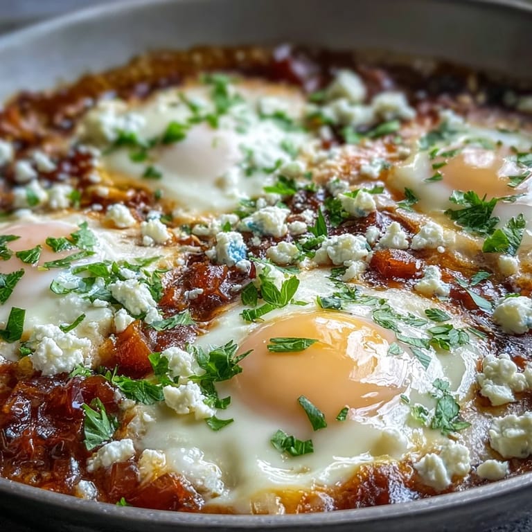 Hearty shakshuka topped with fresh herbs and feta, delicious for breakfast.