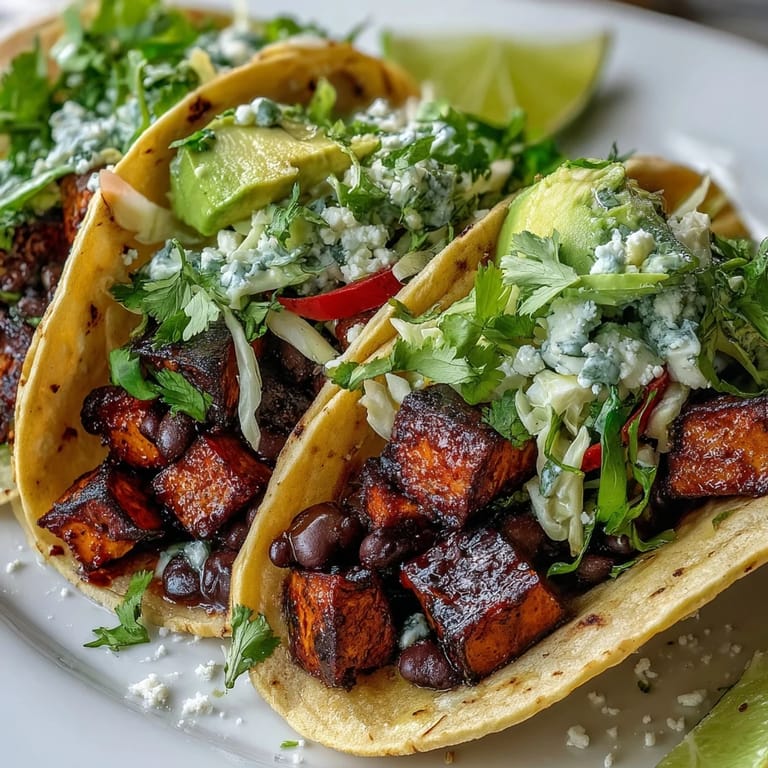 Roasted sweet potatoes and black beans fill warm corn tortillas for satisfying tacos.
