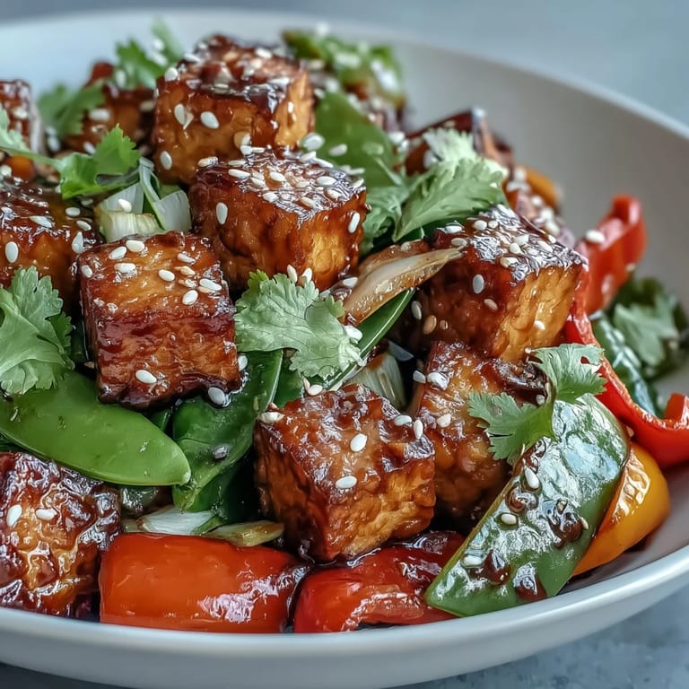 A delightful Vegetable Tempeh Stir-Fry, glistening with a rich, flavorful sauce.