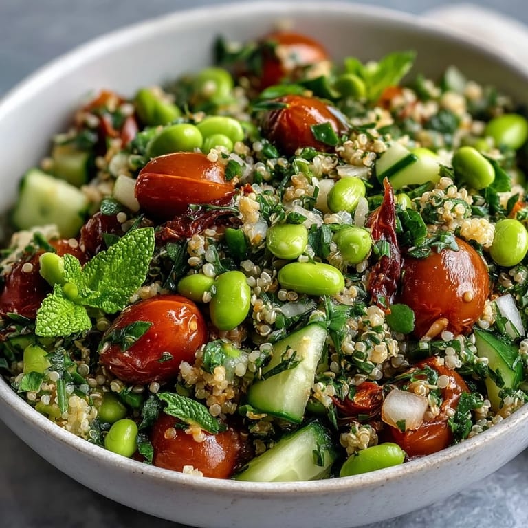 Hearty Edamame and Quinoa Salad ready to serve, packed with plant-based protein.