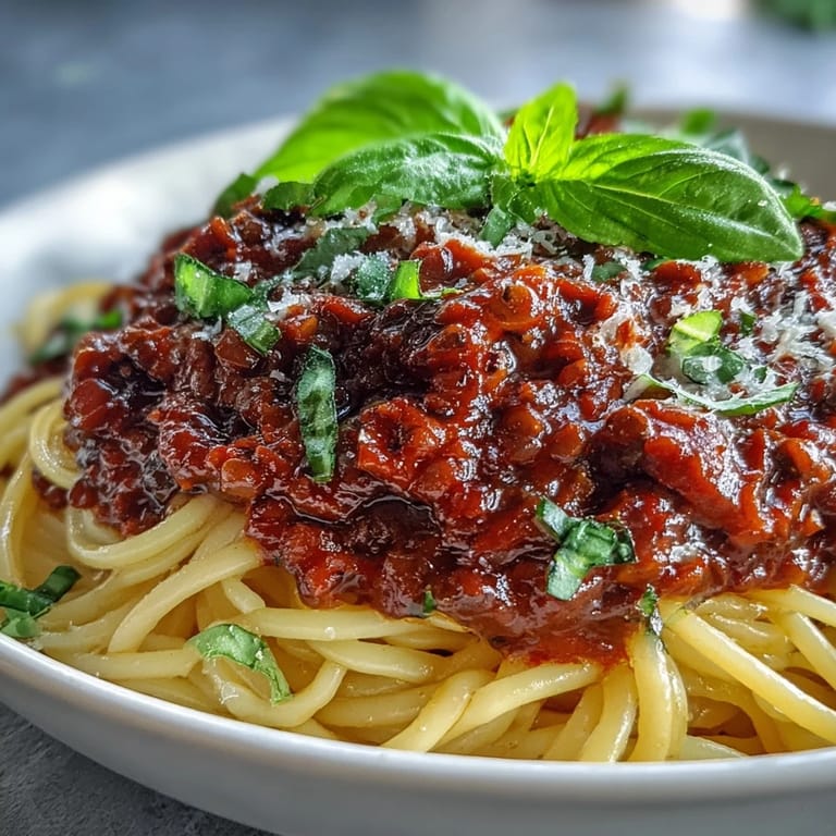 Delicious vegetarian Lentil Bolognese sauce ready to be spooned over fresh spaghetti.