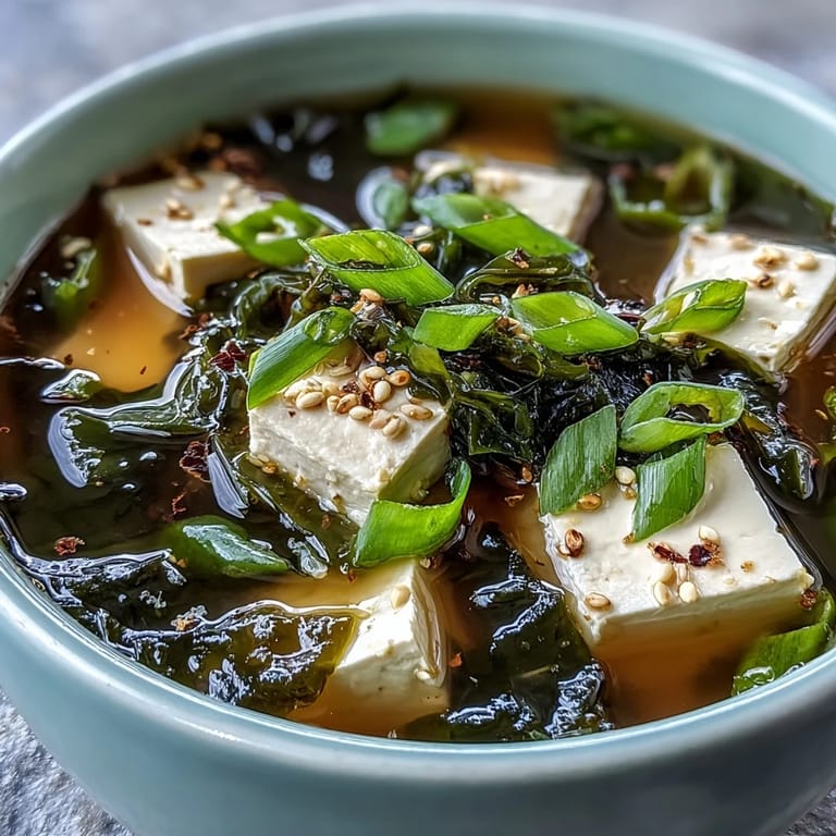Delicious Miso Soup With Tofu, a comforting light meal with tender seaweed.