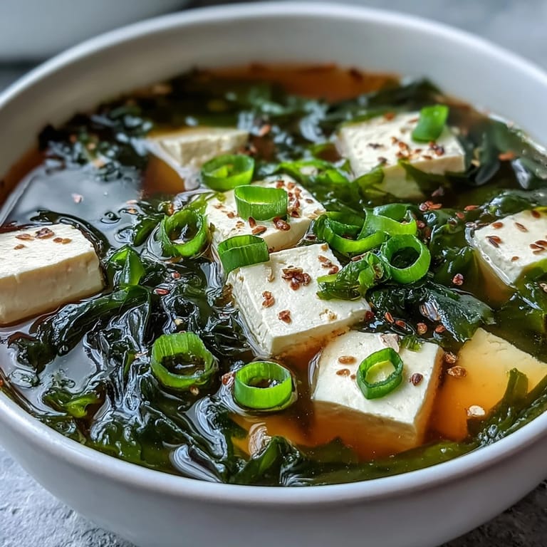 Miso Soup With Tofu recipe photo: warm, savory broth with delicate tofu pieces garnished.