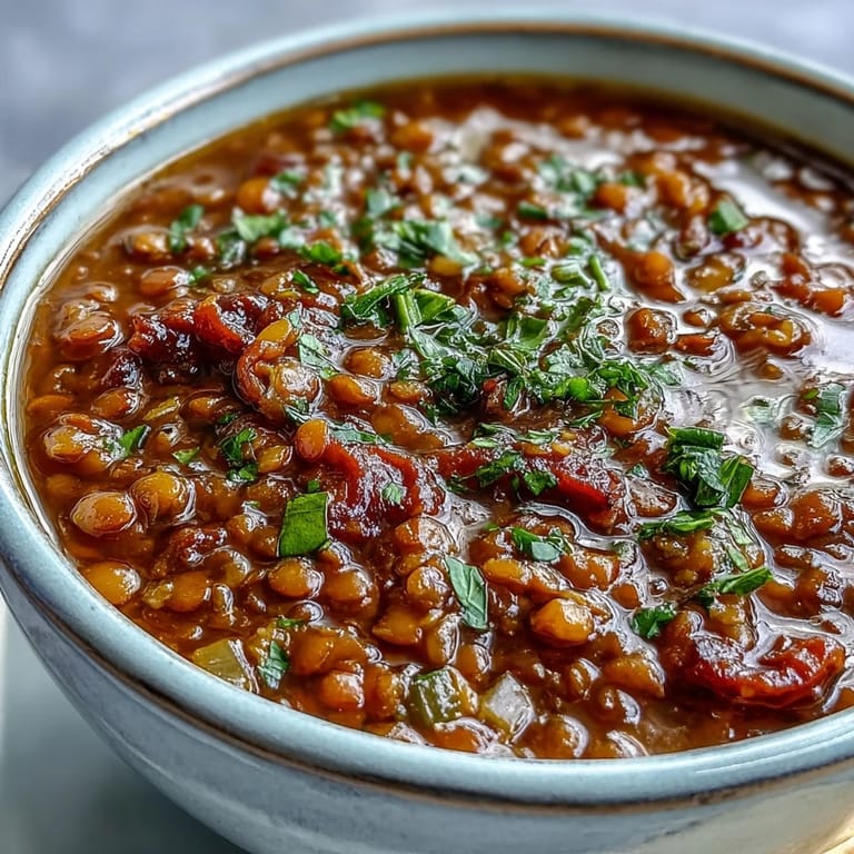Tomato Lentil Soup simmering in a pot, featuring chunky vegetables, tender lentils, and a vibrant red broth.