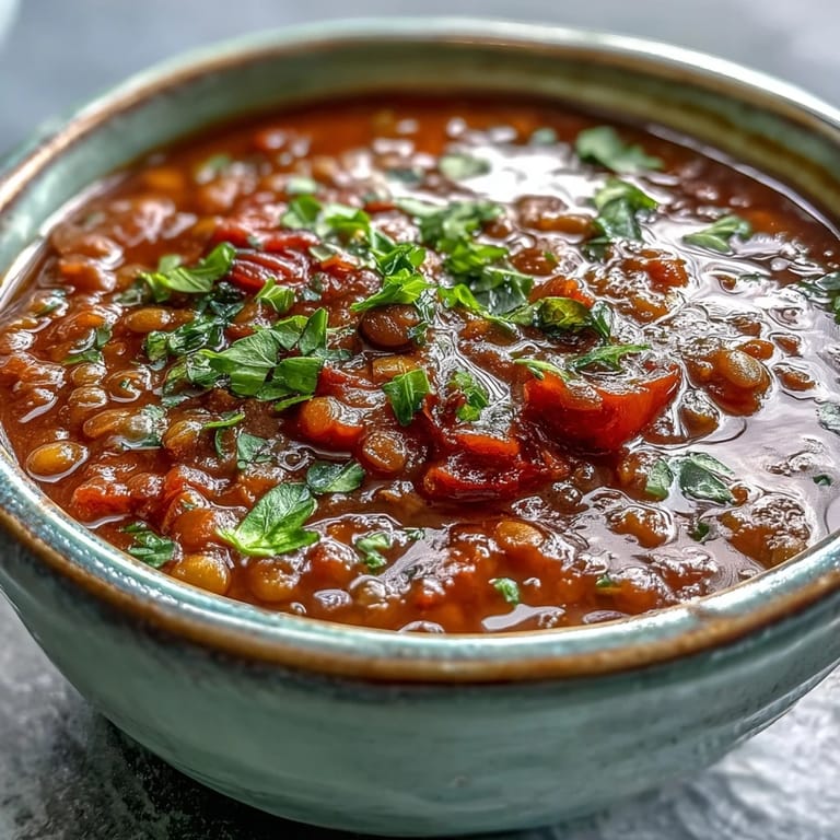 Hearty bowl of Tomato Lentil Soup served with crusty bread, ready for a wholesome vegan meal.