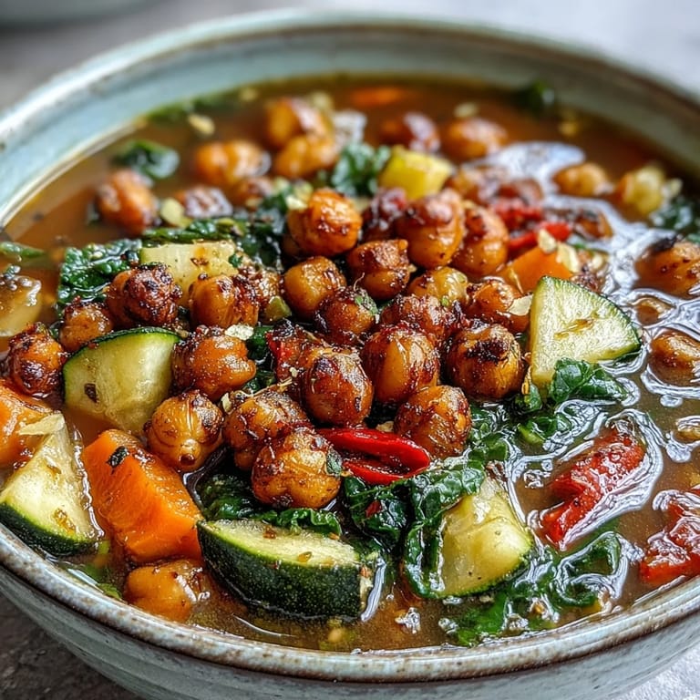 Cozy, aromatic Spiced Chickpea and Vegetable Soup served alongside crusty artisan bread for dipping.  