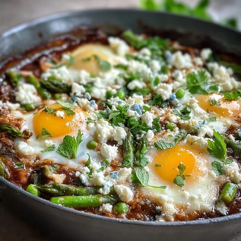 Serving suggestion for Pea and Broad Bean Shakshuka, topped with feta and parsley, perfect with crusty bread.