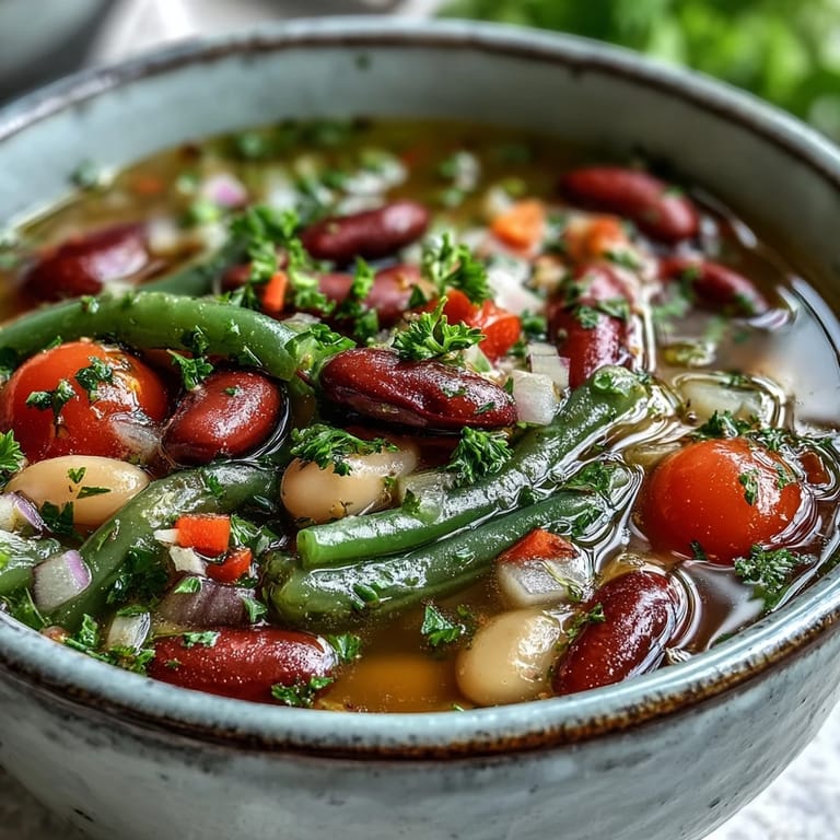 Serving bowl of Three-Bean Salad Soup garnished with chopped parsley, featuring kidney beans and crisp vegetables in clear broth.