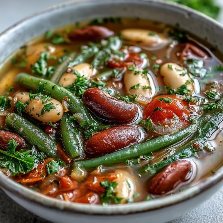 Top-down view of Three-Bean Salad Soup showing red bell peppers, cannellini beans, and green beans in a rustic pot.