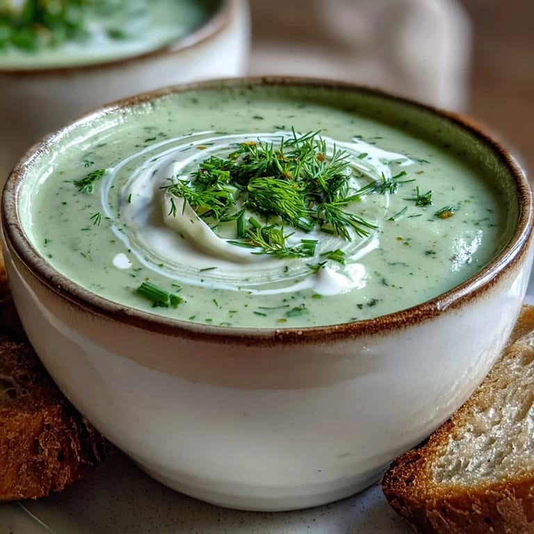Comforting bowl of Creamy Celery and Herb Soup, perfect for a light lunch, paired with a slice of rustic crusty bread.