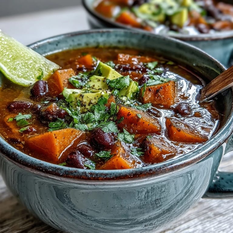 Vibrant, fiber-rich sweet potato and black bean soup in a white bowl with a spoon.