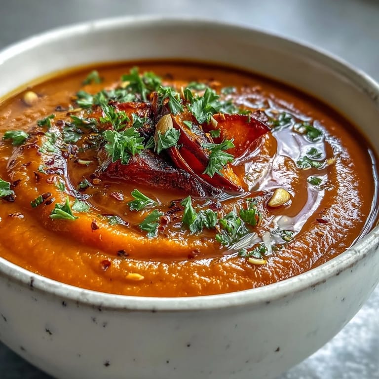 Healthy vegetarian roasted vegetable soup topped with crunchy croutons and seeds, served warm for a cozy meal.