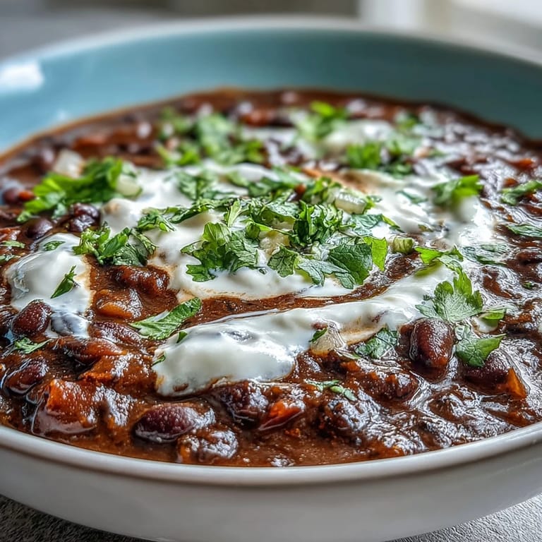 A rich bowl of black bean soup topped with a dollop of sour cream and diced red onion.