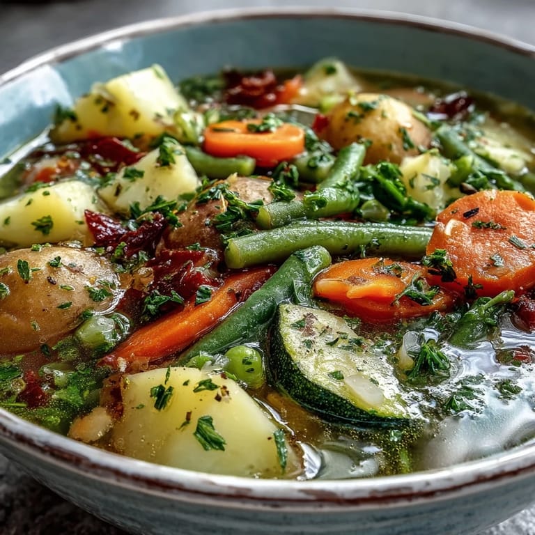 Freshly prepared Potato and Vegetable Soup in a rustic pot, showcasing chunky potatoes and seasonal vegetables ready to be served.
