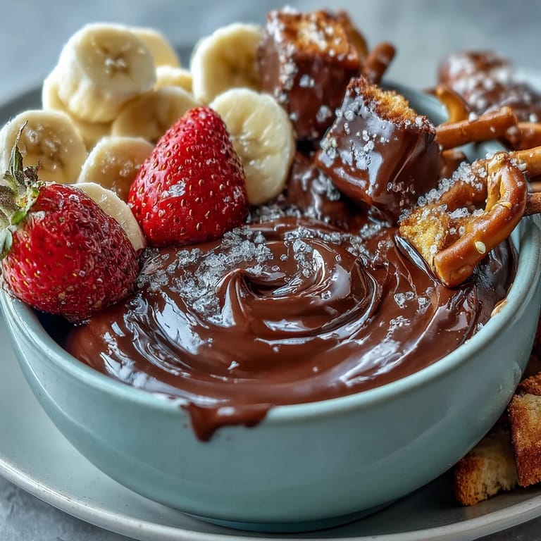 Decadent Boozy Chocolate Fondue in a fondue pot, with cubes of pound cake and pretzel sticks ready for a sweet and salty treat.