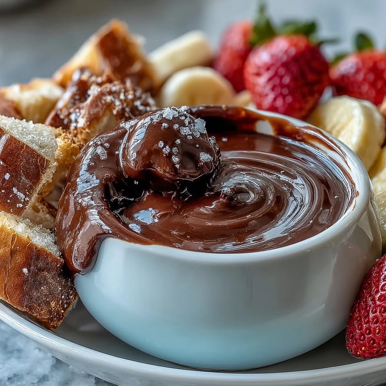 Warm Boozy Chocolate Fondue served with skewered fruit and pastries, perfect for a festive dessert board or romantic night in.