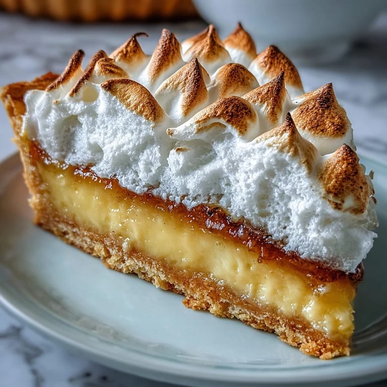 Slice of classic Lemon Meringue Pie showing flaky crust and tangy citrus filling, paired with a vintage fork.