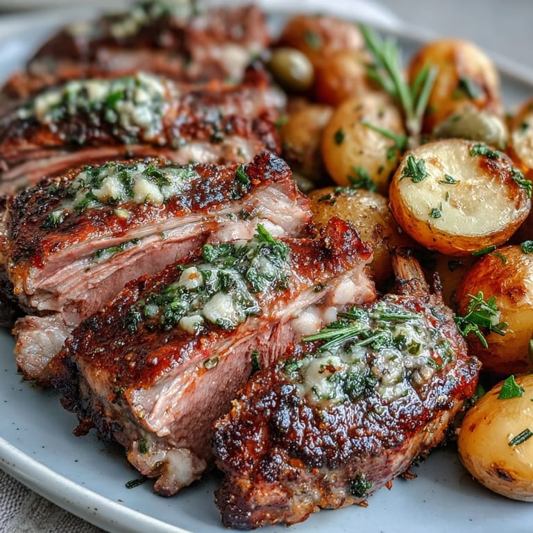 One-Pan Roast Rack of Lamb and Green Olive Potatoes plated for a romantic dinner, garnished with fresh parsley and lemon.