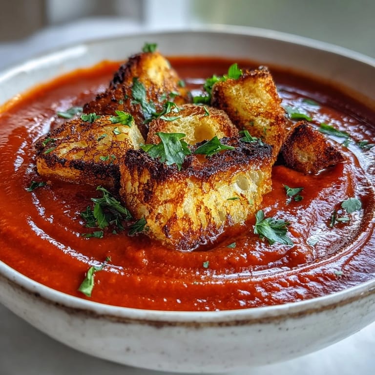 Silky Roasted Red Pepper Soup with a swirl of cream and smoky harissa, paired with crunchy croutons.