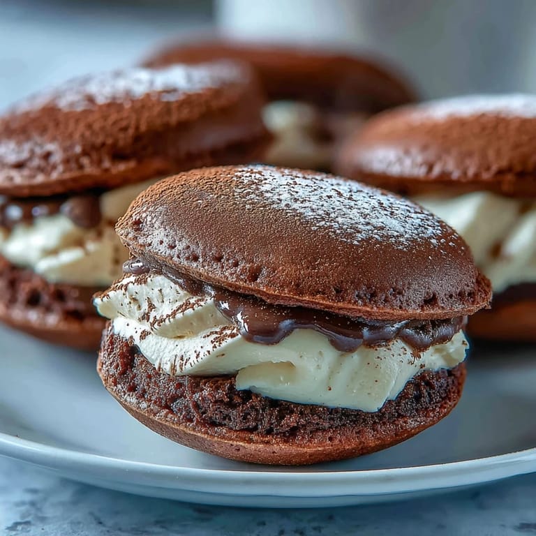 Stacked Tiramisu Whoopie Pies with velvety coffee mascarpone cream, ready to serve on a rustic plate for a decadent dessert.