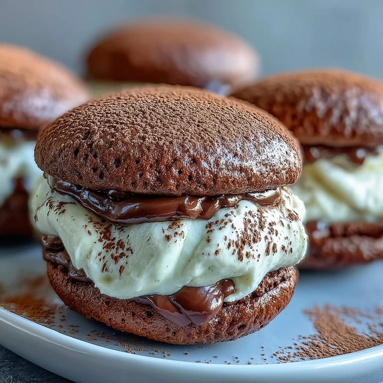 Close-up of a Tiramisu Whoopie Pie, showing a soft chocolate cookie and a generous swirl of coffee-infused mascarpone cream.