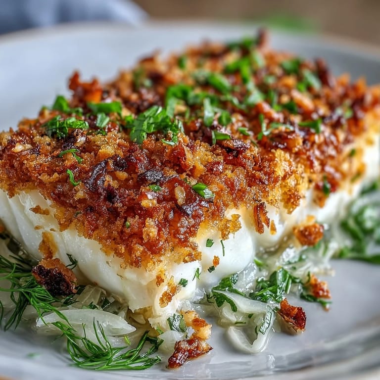 Tender halibut baked with fennel and lemon, finished with a crispy walnut breadcrumbs topping.