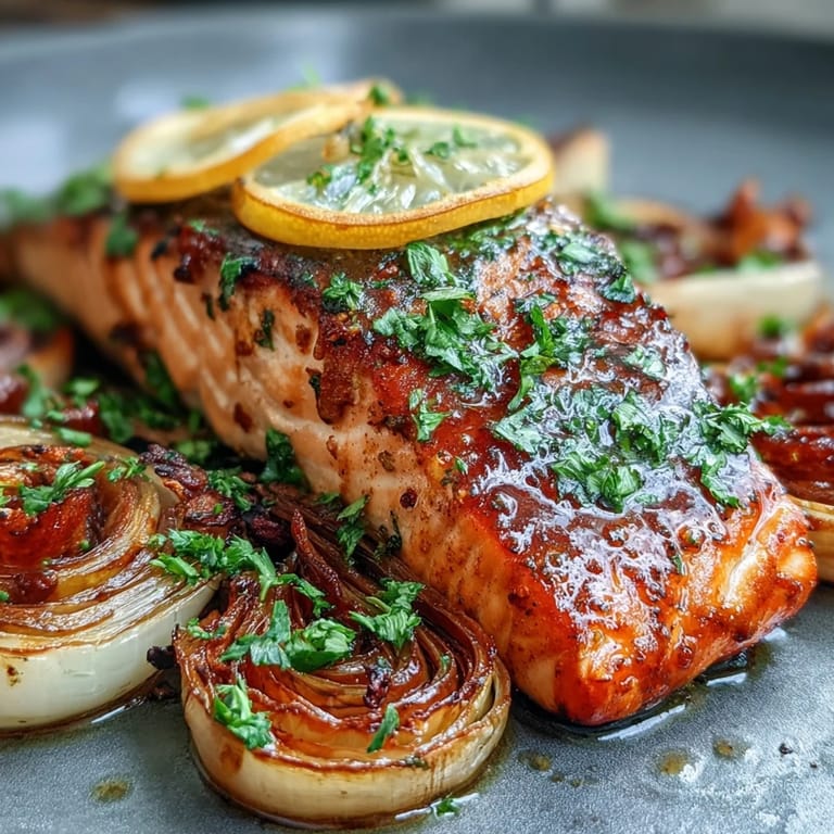 Golden-baked One-Pan Roast Salmon With Leeks Onions Parsley Dressing on a plate. 