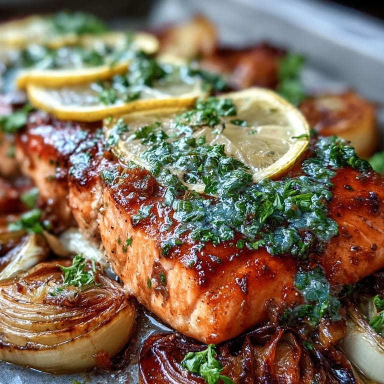 Roasted One-Pan Roast Salmon With Leeks Onions and zesty Parsley Dressing.