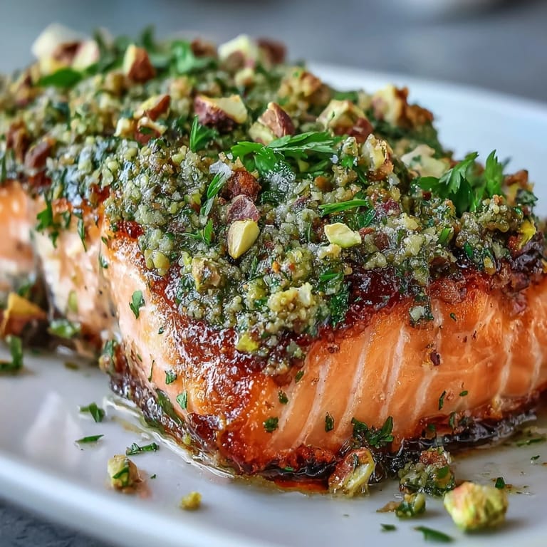 Sliced Confit Salmon With Tahini, Pistachio and Herb Crust revealing moist, flaky interior and nutty topping on a dinner plate.