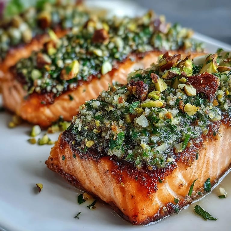 Tahini, pistachio, and fresh herb crust adds vibrant green texture to the Confit Salmon With Tahini, Pistachio and Herb Crust.