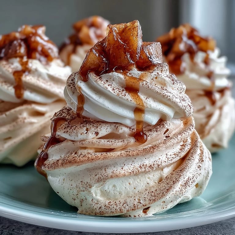 Mini Hot Toddy Pavlovas featuring whisky-soaked pears and cinnamon dust on airy meringue nests.