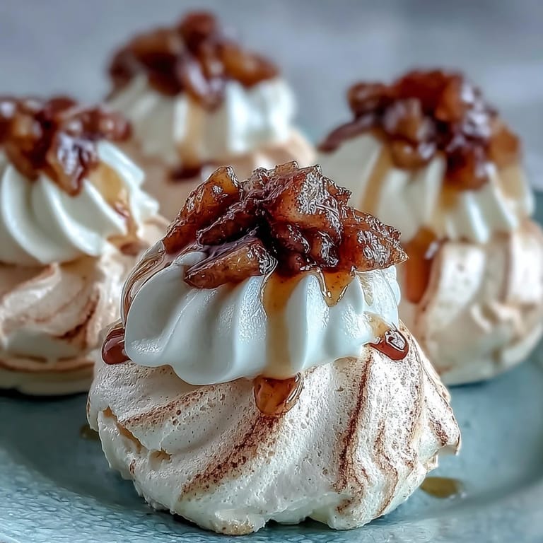 Elegant Mini Hot Toddy Pavlovas with golden meringue, whipped cream, and warm spiced pear topping.