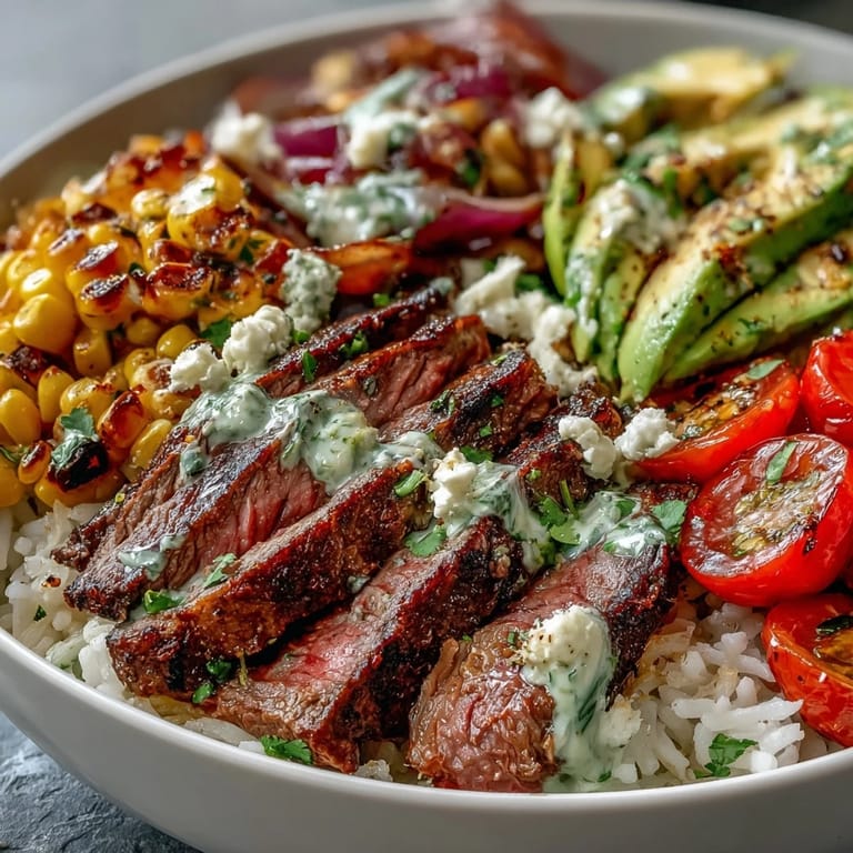 A forkful of steak, avocado, and roasted corn is ready to be dipped into the zesty cilantro cream sauce for a tangy bite.