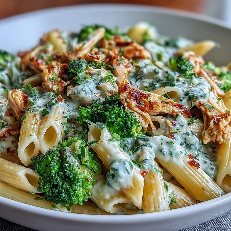 Close-up of High Protein Rotisserie Chicken Broccoli Pasta showcasing juicy chicken pieces, emerald green broccoli, and a silky Greek yogurt Parmesan sauce clinging to every noodle.
