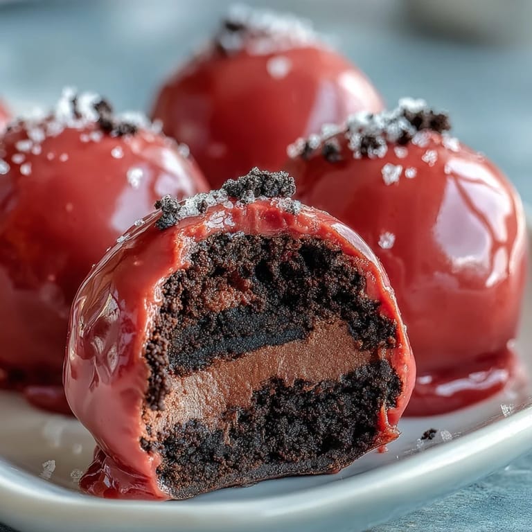 Delicious Oreo Truffle Balls with Pink Candy Coating sit on a white plate.