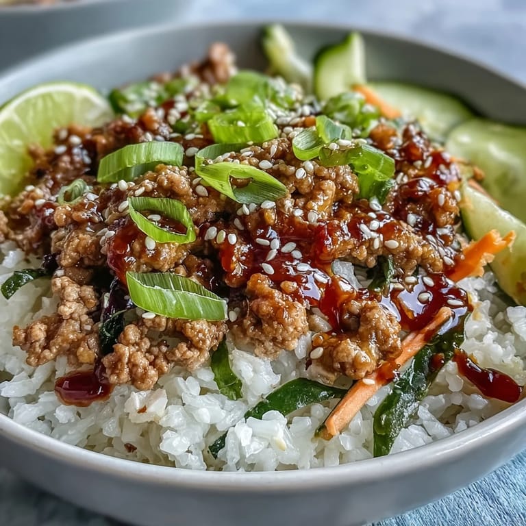 Tangy bang bang sauce drizzled over fluffy rice and seasoned ground turkey in a colorful dinner bowl with cucumber and cabbage.