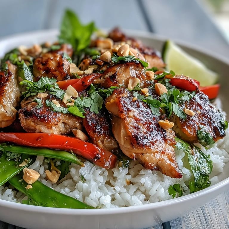 This Thai Chicken Coconut Bowl showcases tender chicken and crisp vegetables served hot.