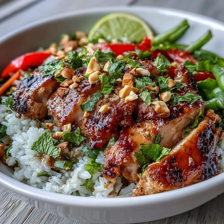 A vibrant Thai Chicken Coconut Bowl with lime wedges, ready for a family dinner.