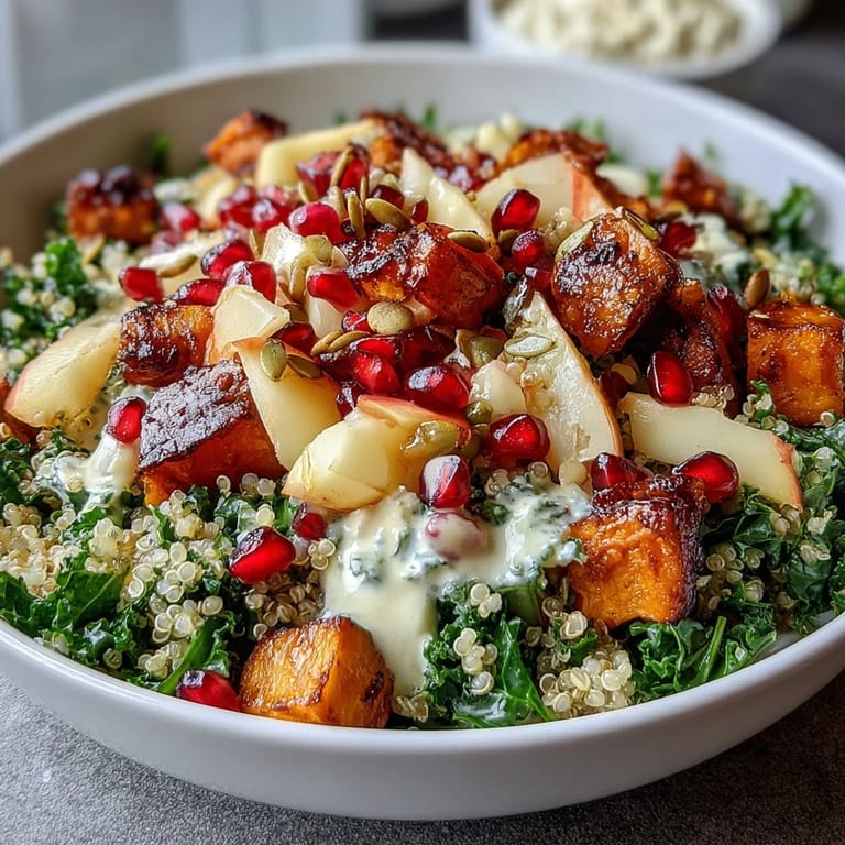 A close-up of Kale Harvest Grain Bowl showing fluffy quinoa, massaged kale, and crunchy pepitas, ready to be enjoyed.