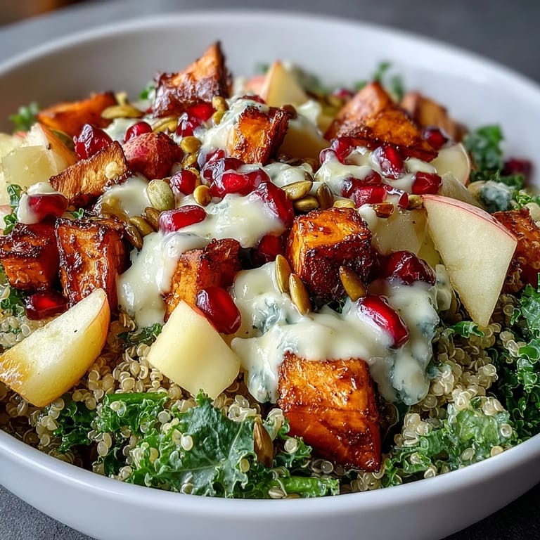 Overhead view of Kale Harvest Grain Bowl with vibrant greens and roasted vegetables, drizzled with tangy homemade dressing.