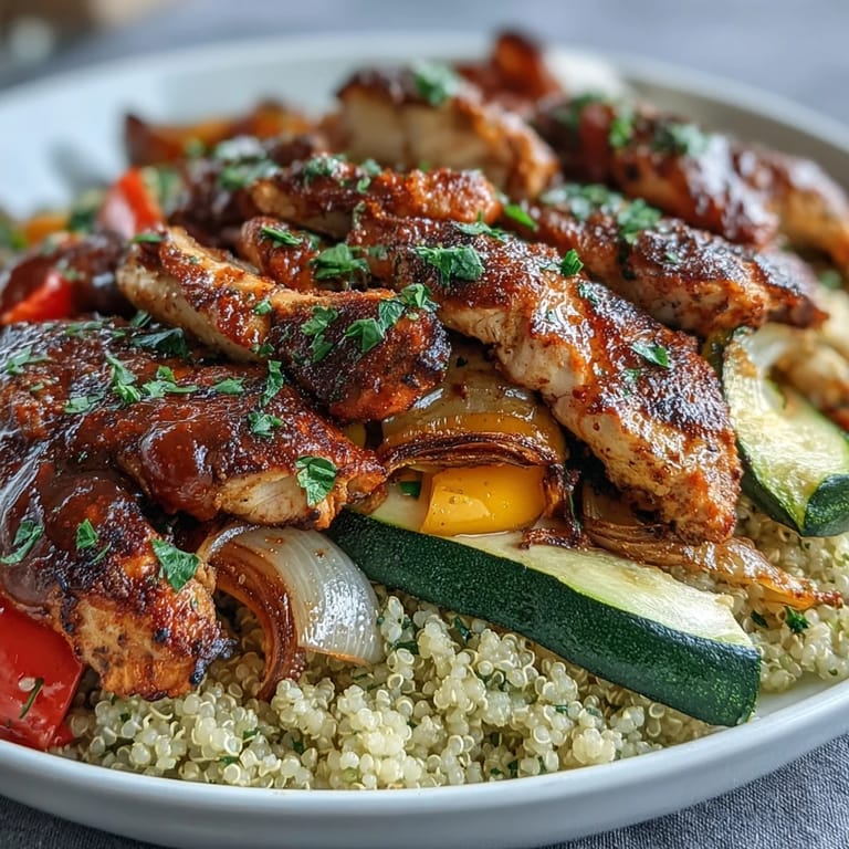 Paprika Herb Chicken Roasted Vegetable Quinoa Bowl garnished with parsley and lemon wedges.