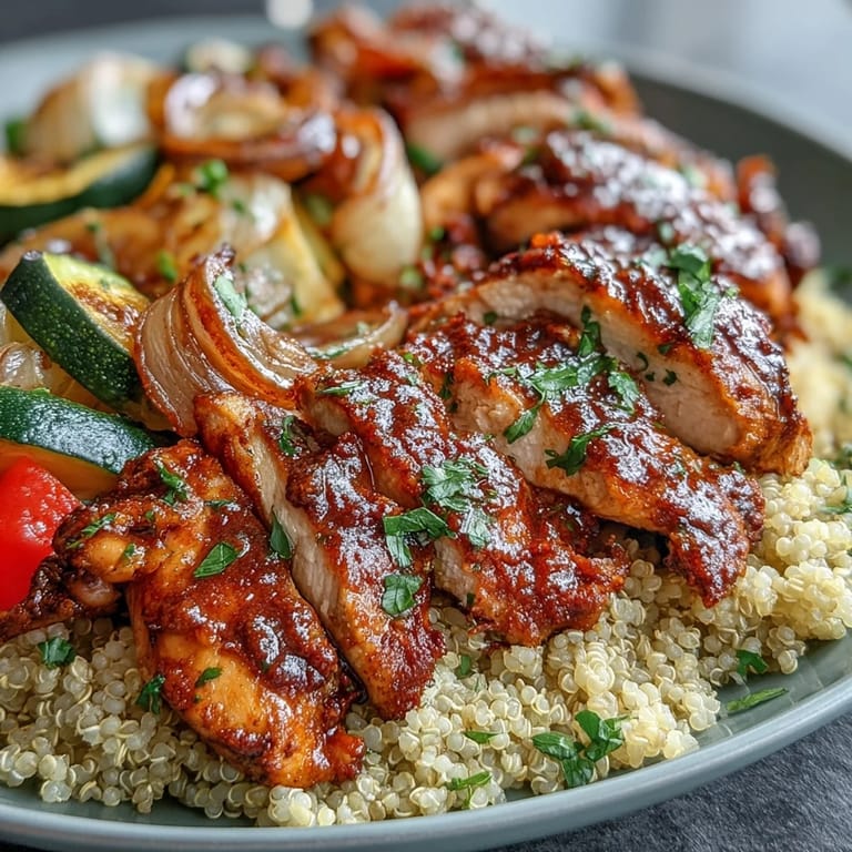 Sliced paprika herb chicken served over quinoa with roasted peppers, zucchini, and harissa drizzle.