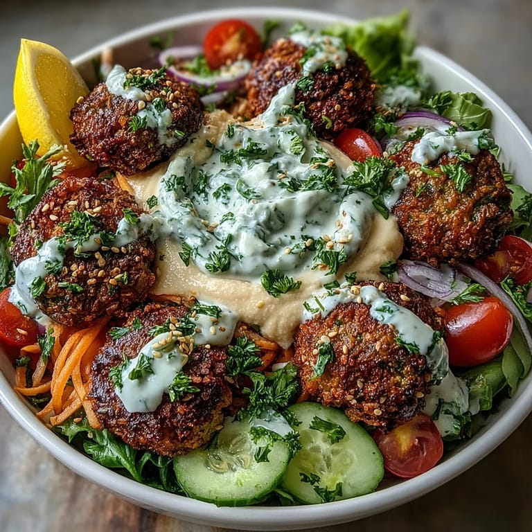 Falafel Bowl topped with golden falafel, fresh salad, and rich tahini, ready to serve with lemon.